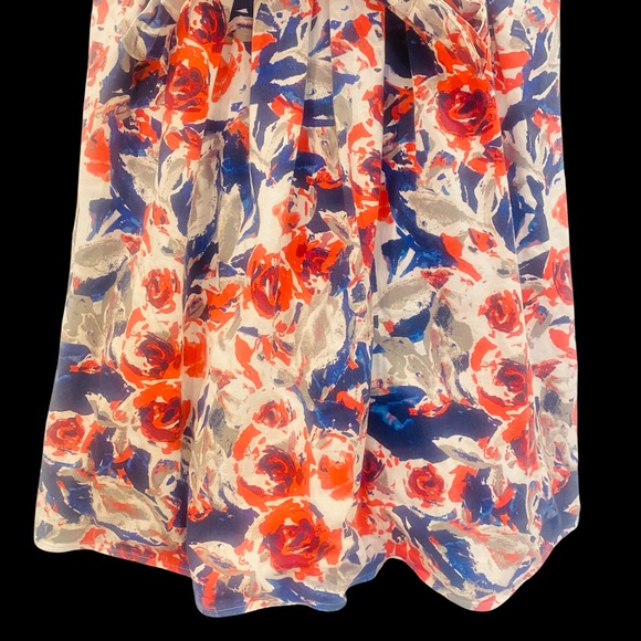 Dress Floral Size 10 Fit Flare Belted Blue Red White Flowers Zip Tulle Lined - Picture 6 of 13